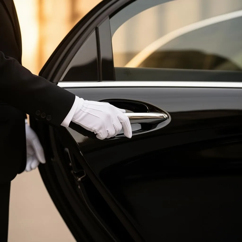 Chauffeur opening the rear door of a luxury sedan